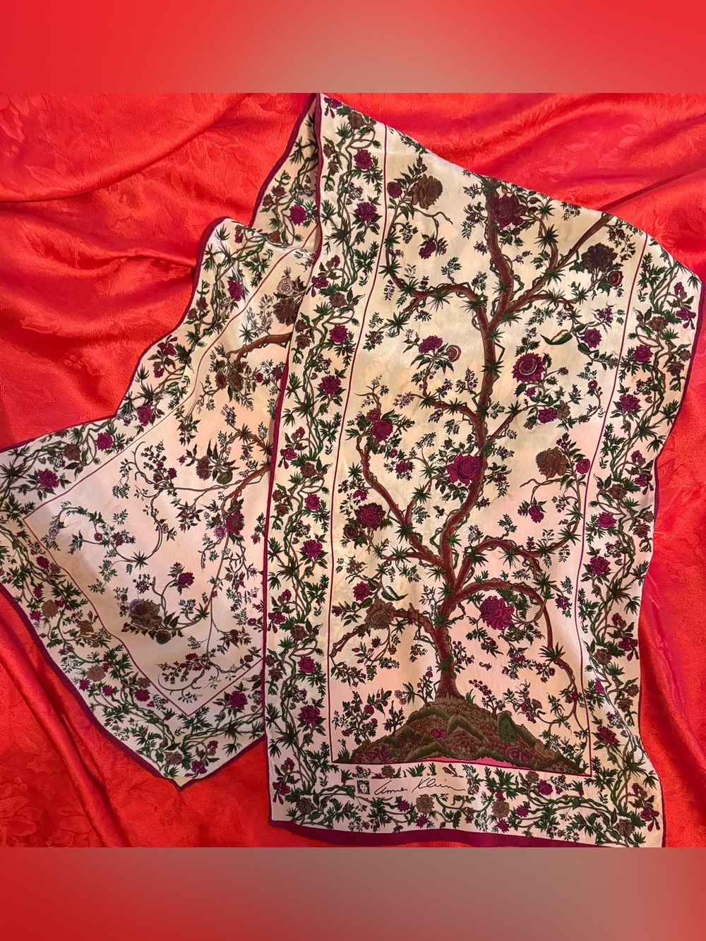 Anne Klein Scarf with Burgundy Floral Tree Motif